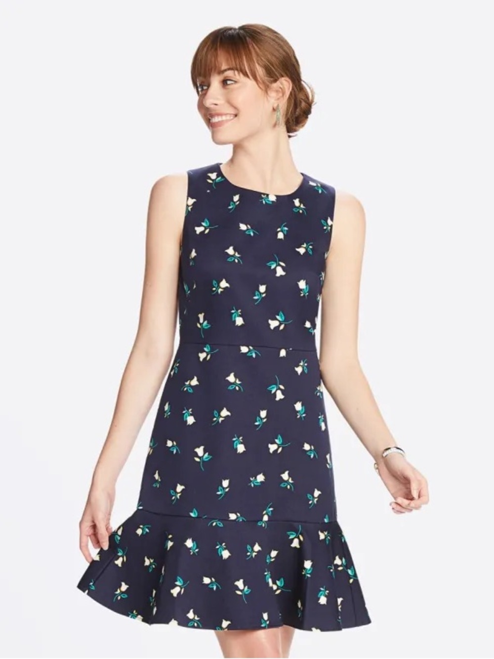 Draper James Navy Floral Sleeveless Fit-and-Flare Dress cotton Lycra ruffle hem